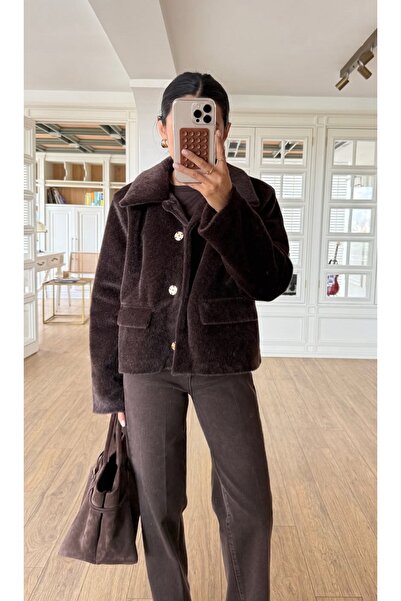 FEMMESTUDIO Women's Brown Double Pocket Fur Jacket