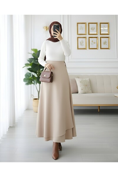 Modamorfo Cross-Front Double Layer Scuba Skirt - Beige