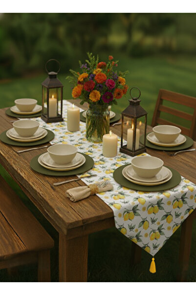 shopshop 7-Piece Lemon Floral Tableware Presentation Set, 6 American Servings Plates, 1 Tasseled Runner Cloth Set