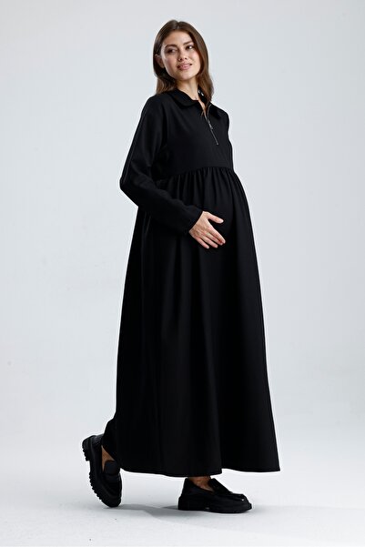 KATLİN MATERNİTY WEAR Hamile Uzun Elbise , Yün Karışımlı Kumaş, Yaka Fermuar Detaylı (Emzirme)