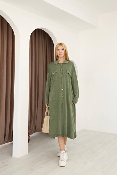 AYASOFYA OTANTIK Women's Khaki Shirt Collar Button Closure Pocketed Vintage Loose Cotton Knit Midi Dress