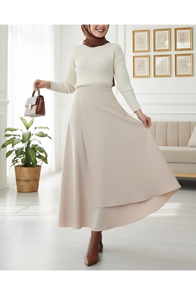 Modamorfo Cross-Front Double Layer Scuba Skirt - Beige