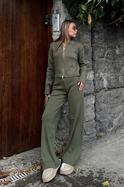 Swist Haki Cara Polo Taka Çift Yönlü Fermarlı Crop-Pantolon Kadın Triko Alt Üst Takım