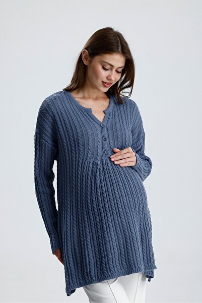 KATLİN MATERNİTY WEAR Saç Örgü Desen Hamile Tunik, Kalın ve Likrali Triko Kumaş, Yaka Düğme Detaylı (Emzirme)