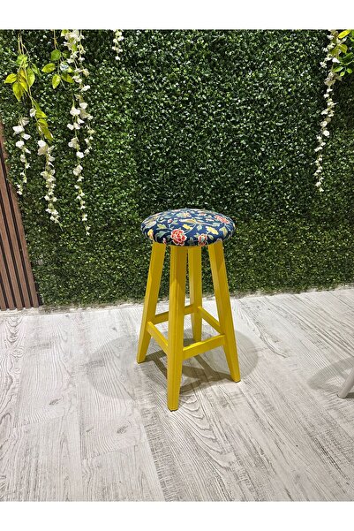 TABURECİTYS Taburecity-Sarı Renk Kumaş Döşemeli Ahşap Tabure-Sandalye -45CM -...