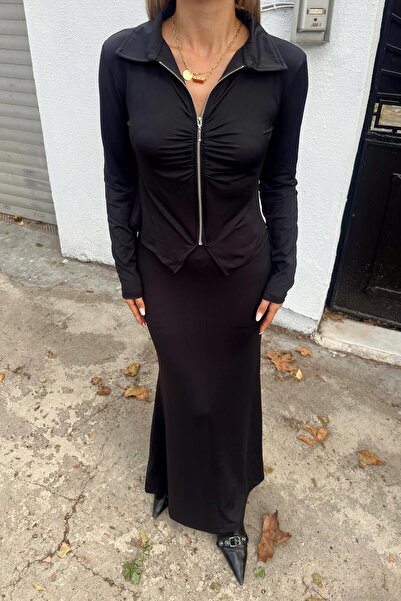 Swist Siyah Rana Polo Yaka Fermuarlı Crop- Midi Boy Etek Kadın Alt Üst Takım