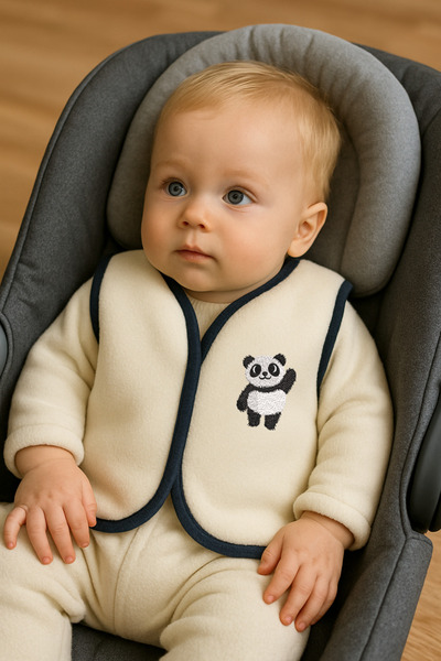 Misue Handmade Baby Fleece Vest, Unisex Embroidered Baby Vest, Winter Baby Clothing, Panda Embroidered Baby Vest