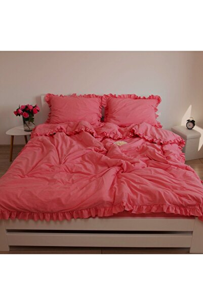 Maki Home Makiteks 100% Cotton Ruffled Fuchsia 200X220+2*(50X70) Double Duvet Cover and Pillowcase Set
