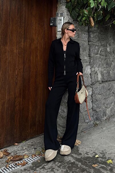 Swist Black Cara Collar Reversible Zipper Crop-Pants Women's Knitwear Bottom Top Set