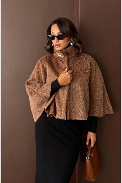 scyllastore Kadın Kahve Cape Model Yaka Broşlu Şık Panço