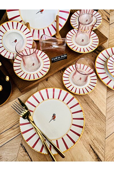 CASA DE BELLA Porselen Pembe Çizgili 18 Parça 6 Kişilik Pasta Çay Seti