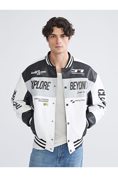 LC Waikiki Beyaz Rahat Kalıp Kolej Yaka Logolu Erkek Mont