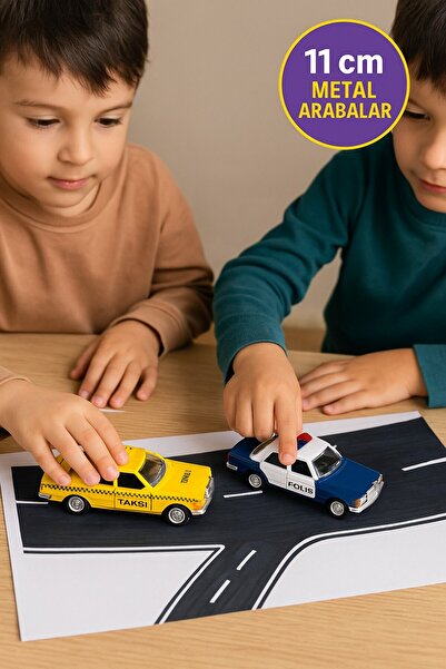 TOYFEST Metal Pull and Drop Taxi Police Car and Traffic Light Set of 3 Opening Doors Soft Rubber 11 cm