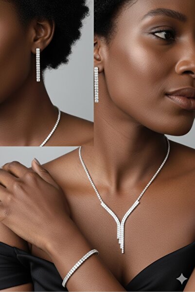 shopidik Işıltılı Suyolu Gümüş Kaplama Takı Seti İki Sıra - Özel Davetler İçin Mükemmel Seçim