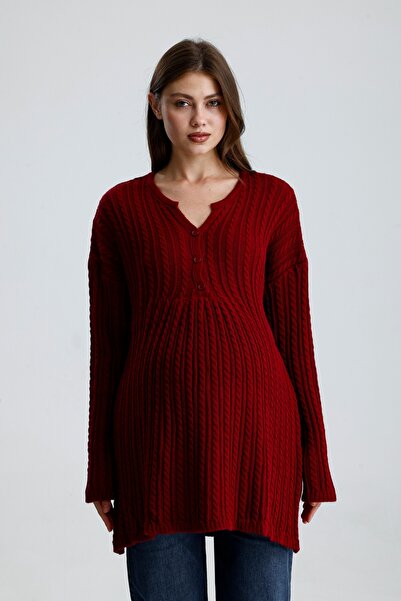 KATLİN MATERNİTY WEAR Hair Braid Pattern Maternity Tunic, Thick and Lycra Knit Fabric, Collar Button Detail (Breastfeeding)