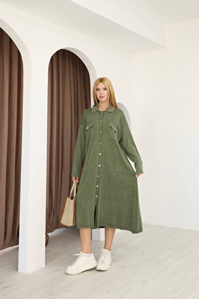 AYASOFYA OTANTIK Women's Khaki Shirt Collar Button Closure Pocketed Vintage Loose Cotton Knit Midi Dress