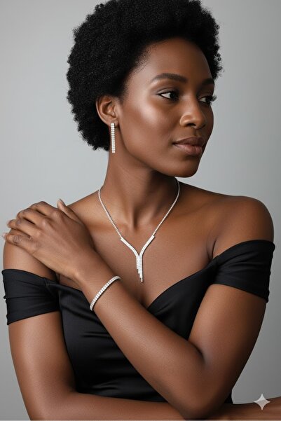 shopidik Işıltılı Suyolu Gümüş Kaplama Takı Seti İki Sıra - Özel Davetler İçin Mükemmel Seçim