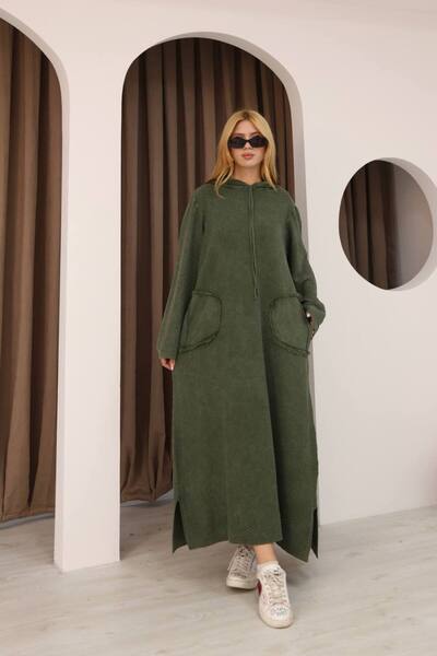 AYASOFYA OTANTIK Women's Khaki Hooded Pocketed Distressed Detailed Cotton Long Sleeve Knitwear Long Dress