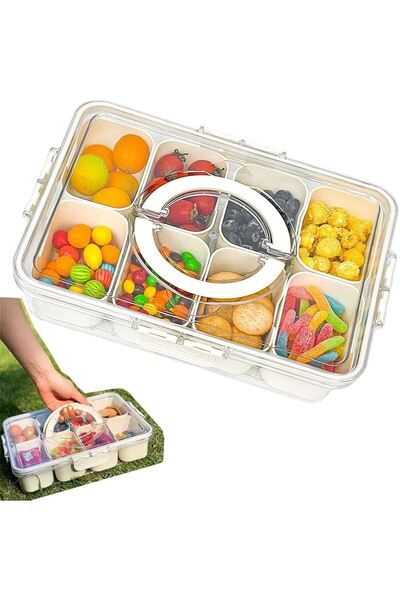 Generic Divided serving tray with clear lid and handle, designed for storing and serving snacks, nuts, fruits and desserts.