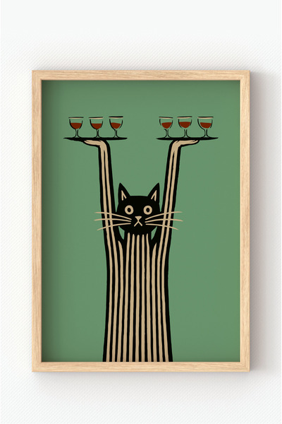 MIOVI Ahşap Çerçeveli Şarap Servisi Kedi Tablo – Yeşil Arka Plan Modern Sanat...