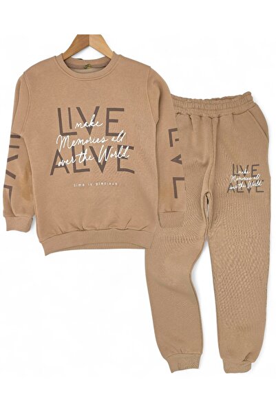 Egelite Boys' 10-11-12-13-14 Years Old Winter 3-Thread Ribbed Printed Tracksuit Set / Sweatshirt and Bottoms
