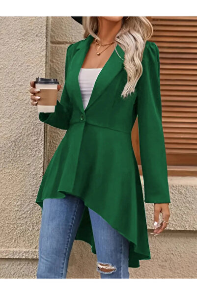 JANES    سترة بليزر أطلس طويلة بأكمام طويلة وأزرار أمامية للنساء