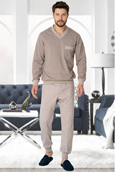 Lohussa Men's Brown Patterned Thick Winter Long Sleeve 100% Cotton Plus Size (Oversized) Men's Pajama Set