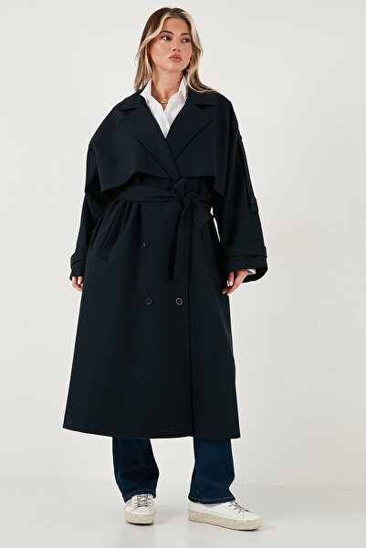 Lela Oversize Fit Kruvaze Yaka Düğmeli Kemerli Uzun Trençkot TRENÇKOT 6839476