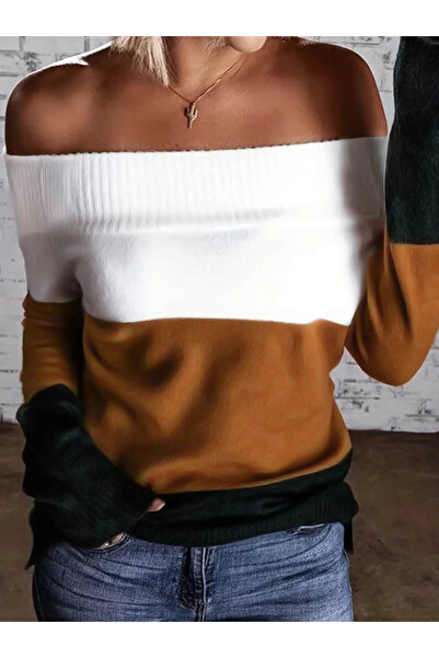 ARONA Mdb Women's Long Sleeve Off-The-Shoulder Long Sleeve Block Striped Knitwear Blouse