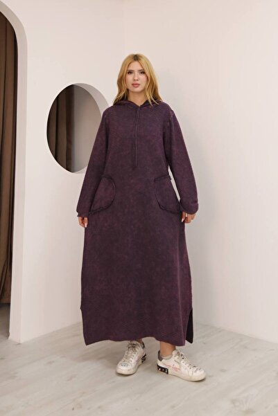 AYASOFYA OTANTIK Kadın Mor Kapüşonlu Cepli Eskitme Detaylı Pamuklu Uzun Kollu Triko Uzun Elbise