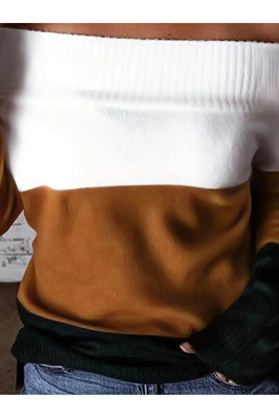 ARONA Mdb Women's Long Sleeve Off-The-Shoulder Long Sleeve Block Striped Knitwear Blouse