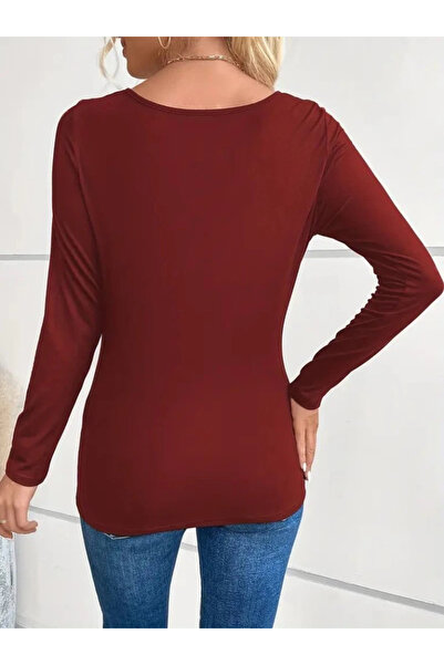 ARONA Mdb Women's Long Sleeve Deep Degaje Collar Stoned Sandy Blouse