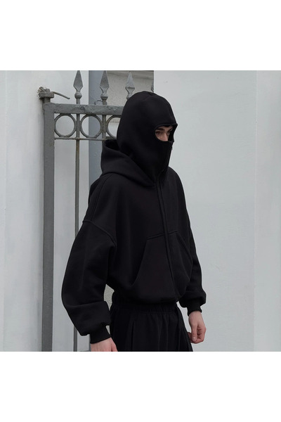 8line سترة كارديجان سوداء بقلنسوة بتصميم الساموراي ذات 3 خيوط