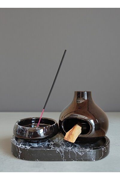 Solman Seramik Palo Santo Reçine ve Çubuk Tütsülük Seti Meditasyon & Aromaterapi Dekoru Siyah Mermer Tabak