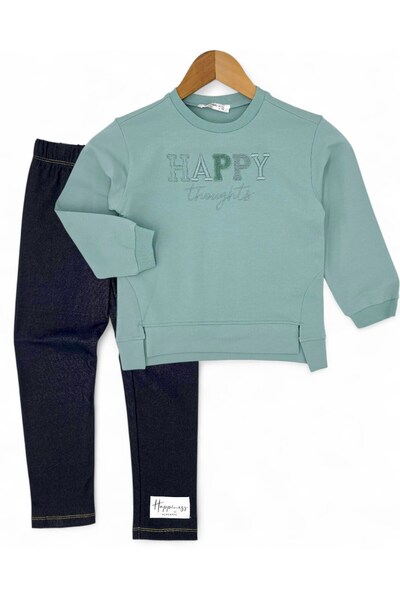 voyyo kids baby Girl's Happy Embroidered 7-8-9-10 Year Old Denim-Look Leggings 2-Piece Seasonal Top and Bottom Set