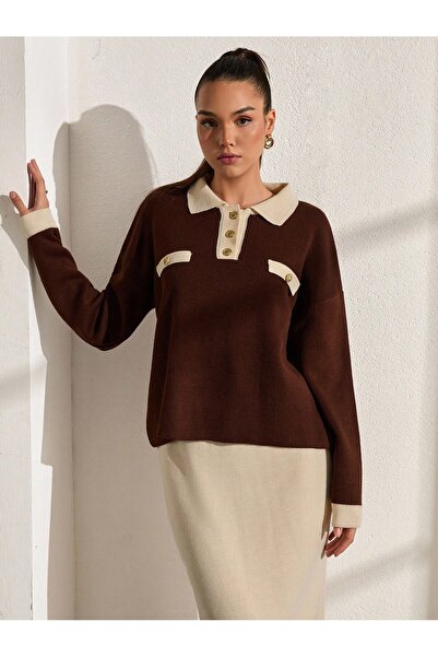 ASEZ BUTİK Μακρυμάνικη πλεκτή μπλούζα με κουμπιά με λεπτομέρεια γιακά με αντίθεση – Κομψό και μοντέρνο σχέδιο