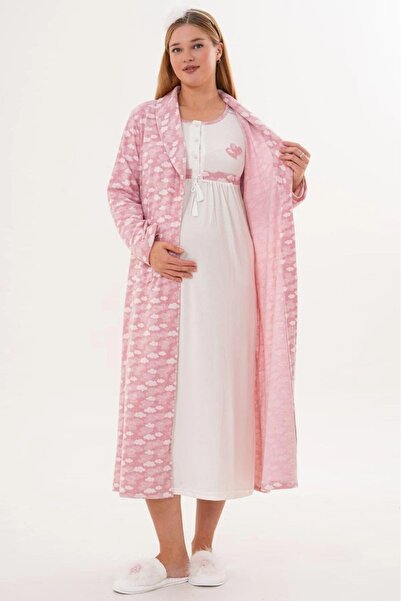 Lohussa Set de cămașă de noapte pentru femei, roz, cu guler șal, cu model în ...