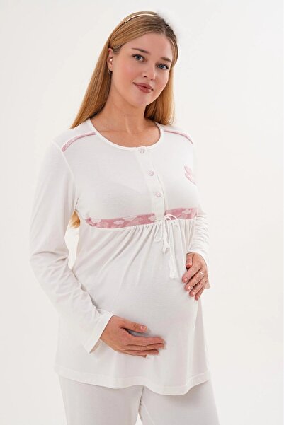 Lohussa Kadın Pembe Şal Yaka Şardonlu Desenli Kışlık Özel Tasarım Hamile Lohusa Sabahlık Pijama Takımı Seti