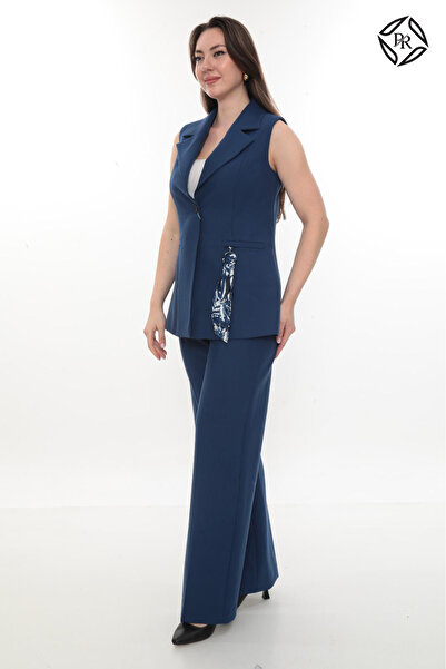 PRENSES Kadın Rahat Kesim Astarlı Kolsuz Blazer Ceket Pantolon Takım Elbise - Indigo Mavi