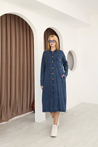 AYASOFYA OTANTIK Жіноча синя сорочка з коміром, застібкою на ґудзики, кишенями, з ефектом старіння, з бавовняного трикотажу, середньої довжини