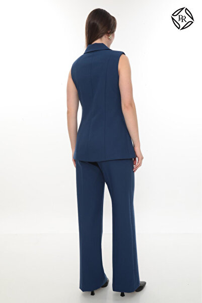 PRENSES Kadın Rahat Kesim Astarlı Kolsuz Blazer Ceket Pantolon Takım Elbise - Indigo Mavi