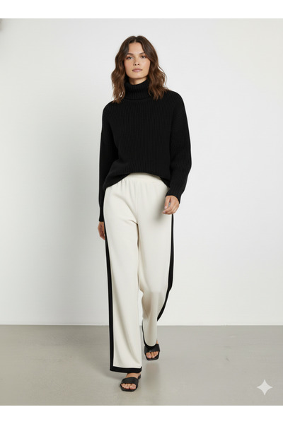 FERRY BUTİK Kadın kışlık rahat kalıp bol paça comfort beli lastikli triko pantolon