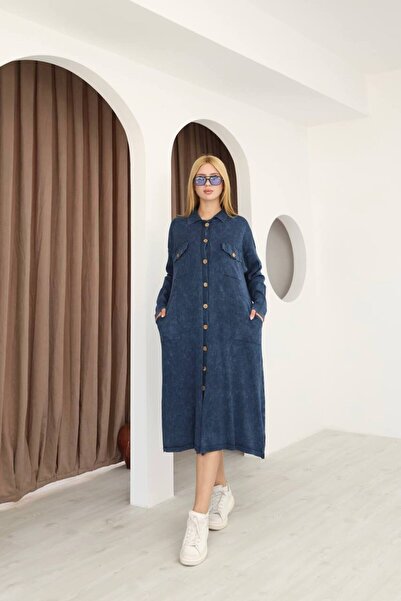 AYASOFYA OTANTIK Жіноча синя сорочка з коміром, застібкою на ґудзики, кишенями, з ефектом старіння, з бавовняного трикотажу, середньої довжини