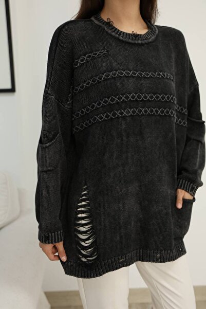 AYASOFYA OTANTIK Bluză de tricot din bumbac, neagră, cu gât rotund, cu detaliu învechit și rupt, cu buzunare, cu mâneci lungi, pentru femei