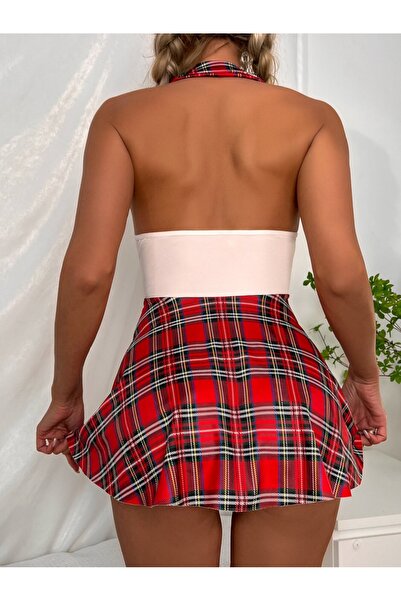 BİMAYO Kadın Sırtı Açık Boyundan Bağlamalı Ekose Mini Elbise