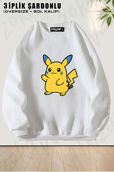 ZOKAWEAR Unisex Bol Kalıp Zupachu Pokemon Pikachu Illustrasyon Pikaçu Çizim Baskılı Oversize Sweatshirt