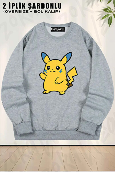ZOKAWEAR Φούτερ Unisex Loose Fit Zupachu Pokemon Pikachu Illustration Εικονογράφηση Pikachu Εκτυπωμένο μεγάλου μεγέθους φούτερ
