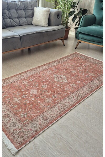 Saray Life Dekoratif İnce ve Zarif Dokulu Vintage Retro Halı Turuncu Renk