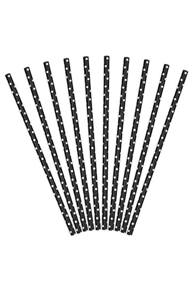 Carnaval24 Set 10 black straws with polka dots, Black/White