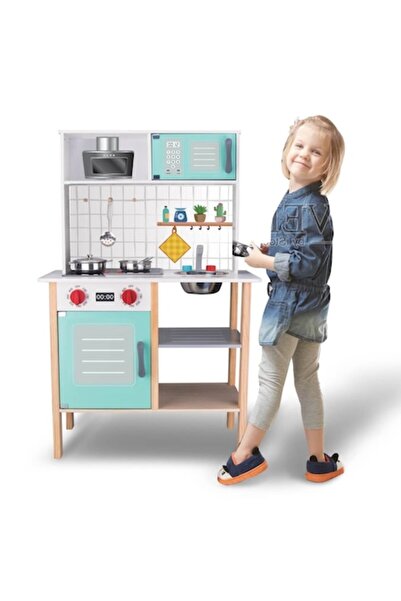 MYONNA IT & E- COMMERCE Wooden Play Kitchen with Light & Sound, Metal Accessories, 60x30x92.5 cm, Multicolor